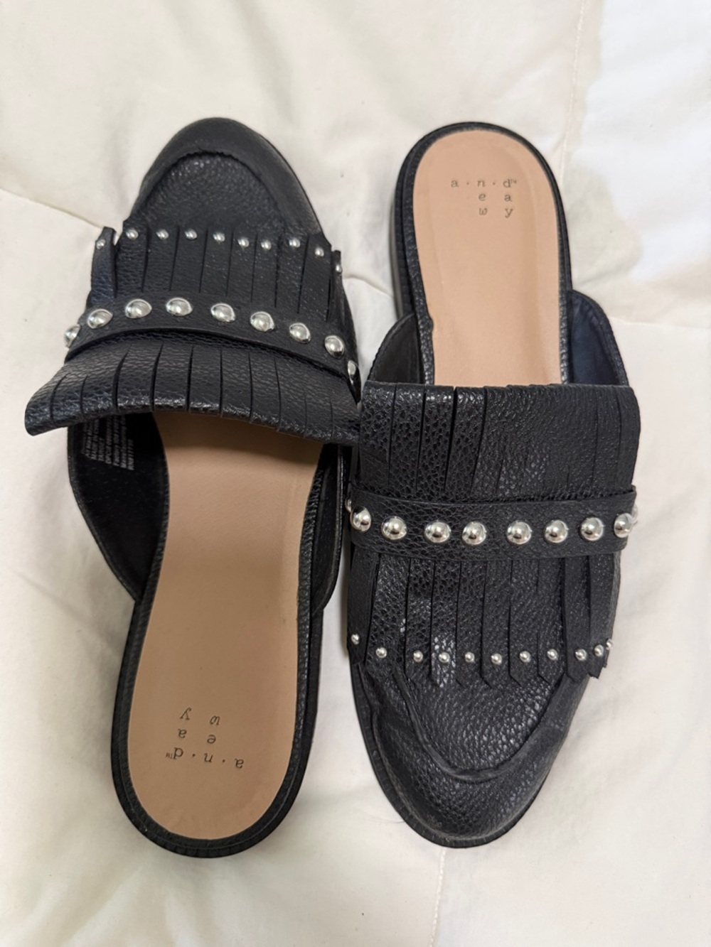 a new day Black Studded Fringe Slide Mules